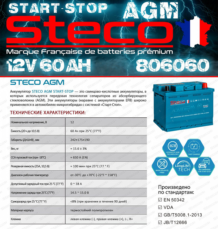 Steco AGM 60ah R+ (806060)